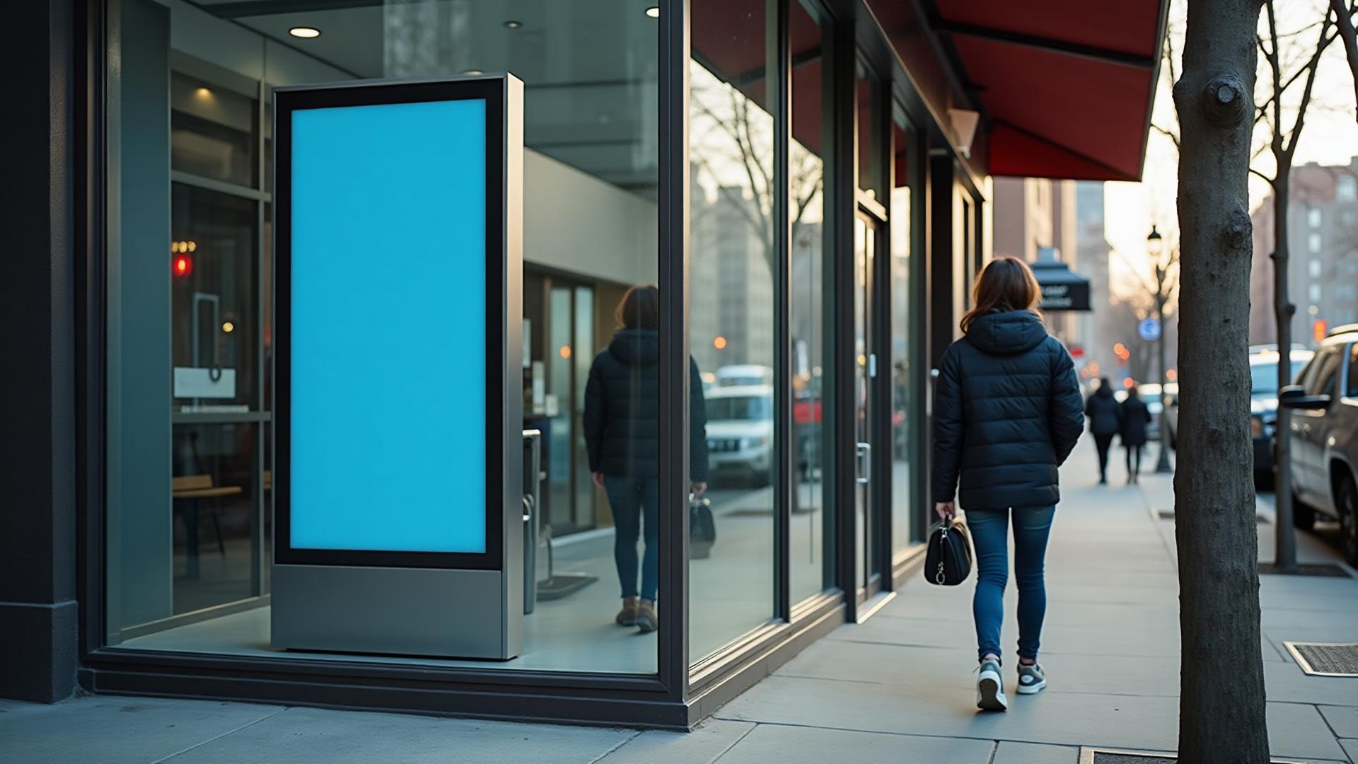 Daylight storefront with digital screen