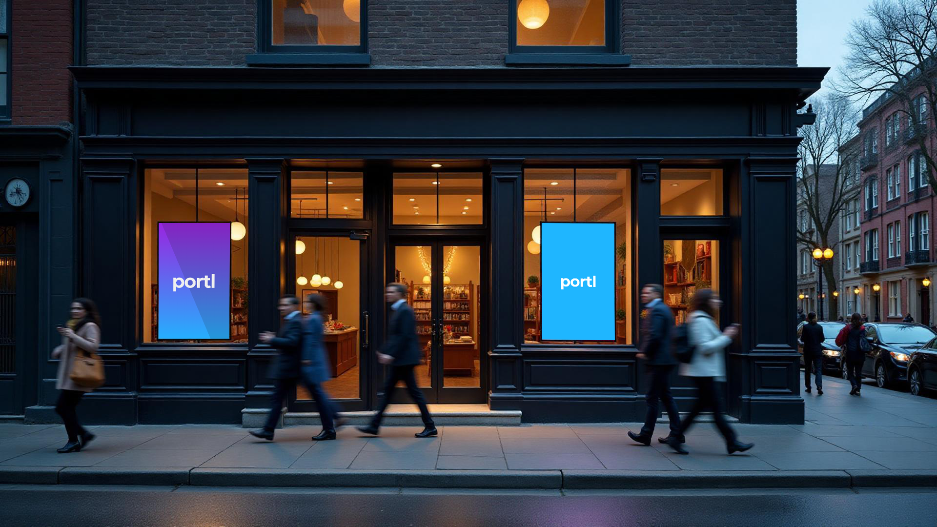 Modern storefront with digital advertising screens and busy pedestrian traffic
